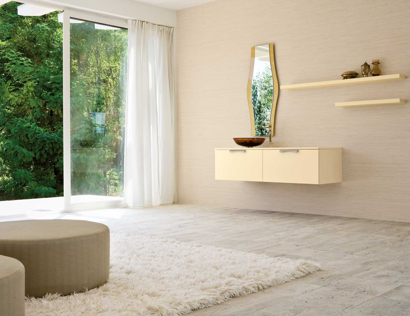 Wall-mounted beige wooden cabinet with shelves and mirror in living room